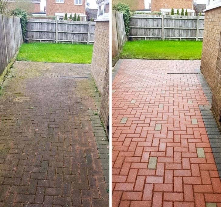 Brick paver patio before and after cleaning