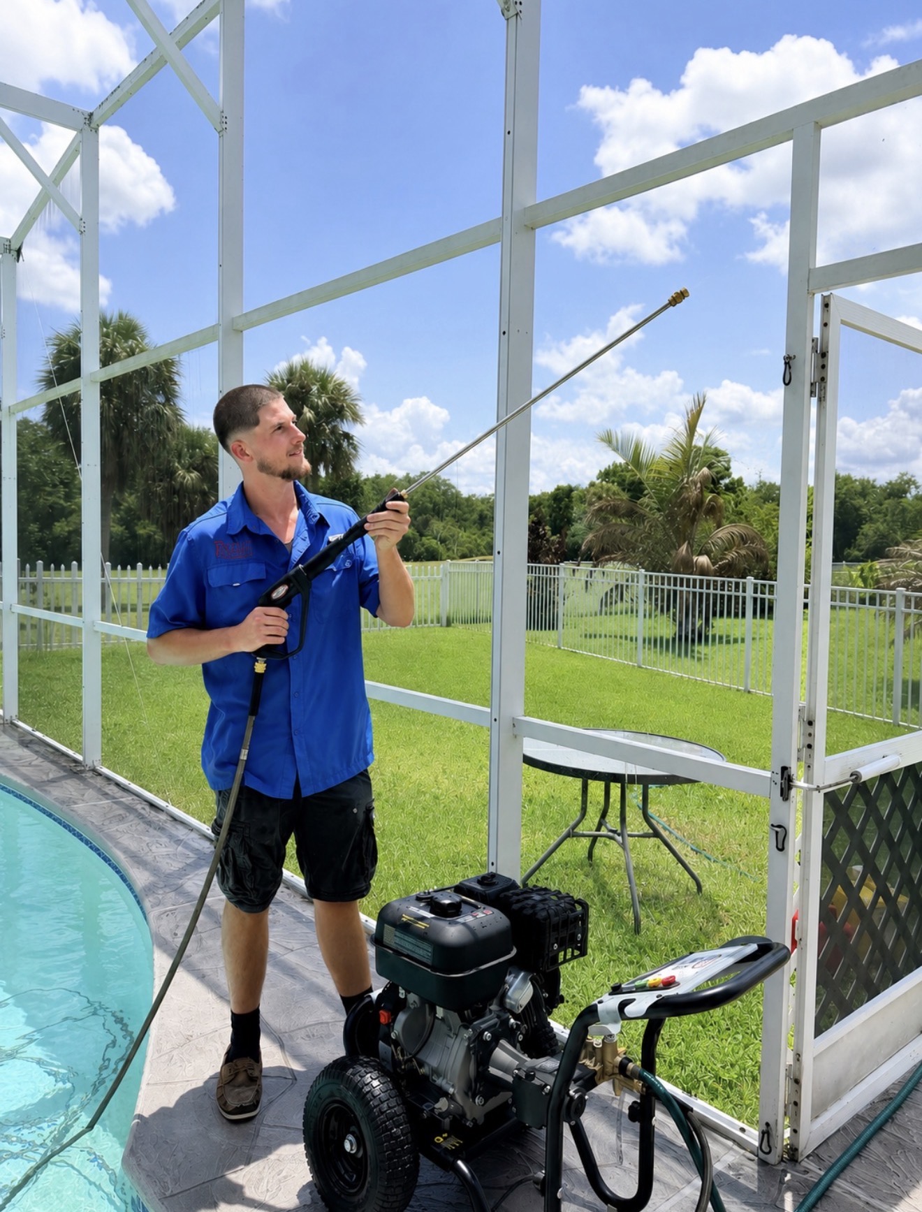 Technician using an extension wand to clean a pool enclosure